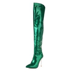 Pointed Toe Metal Stiletto Heels Over The Knees Thigh High Glossy Boots - Green Patent