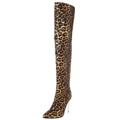 Pointed Toe Metal Stiletto Heels Over The Knees Thigh High Glossy Boots - Leopard Tan Patent