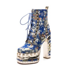Round Toe Ethnic Floral Pearl with Rhinestones Chunky Heels Ankle Highs Spring Platforms Boots - Blue