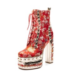Round Toe Ethnic Floral Pearl with Rhinestones Chunky Heels Ankle Highs Spring Platforms Boots - Red