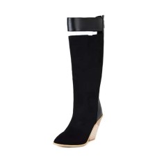 Pointed Toe Half Wedges Knee Highs Chunky Heels Zipper Boots - Black Microfiber