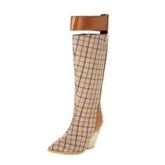Pointed Toe Half Wedges Knee Highs Chunky Heels Zipper Boots - Brown Microfiber