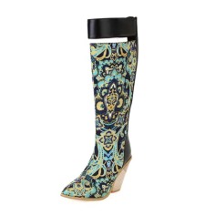 Pointed Toe Half Wedges Knee Highs Chunky Heels Zipper Boots - Green Microfiber