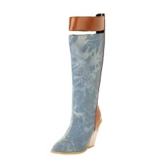 Pointed Toe Half Wedges Knee Highs Chunky Heels Zipper Boots - SkyBlue Microfiber