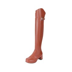 Chunky Heels Round Toe Autumn Side Zipper Decorated Straps Knee High Boots - Brown