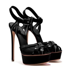 Italian Heels Ankle Straps Peep Toe Platform Stiletto Sandals - Black Patent