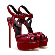 Italian Heels Ankle Straps Peep Toe Platform Patent Stiletto Sandals - Wine