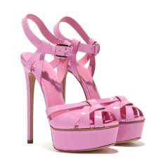 Italian Heels Ankle Straps Peep Toe Platform Patent Stiletto Sandals - Pink