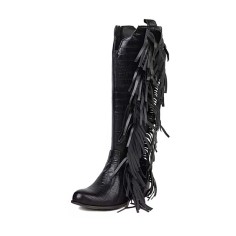 Square Toe Knee Highs Tassel Decorated Chunky Heels Crocodile Pattern Western Style Boots - Black Faux Leather