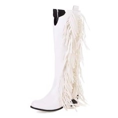 Square Toe Knee Highs Tassel Decorated Chunky Heels Crocodile Pattern Western Style Boots - White Faux Leather
