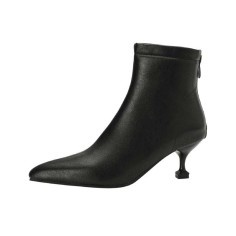 Pointed Toe Kitten Square Heels Back Zipper Rustic Ankle Booties - Black