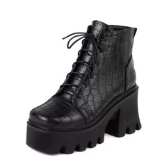 Square Toe Platforms Chunky Heels Crocodile Pattern Ankle Highs Boots - Black Faux Leather