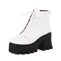Square Toe Platforms Chunky Heels Crocodile Pattern Ankle Highs Boots - White Faux Leather