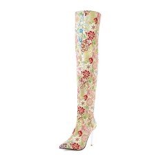 Pointed Toe Stiletto Heels Ethnic Flower Style Thigh High Over The Knees Boots - Gold Faux Leather