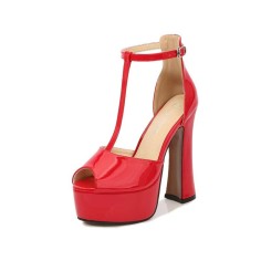 Peep Toe T-Straps Chunky Heels Platforms Pumps - Red