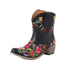 Pointed Toe Embroidered Flowers Chunky Heels Cowboy Style Western Boots - Black Faux Leather