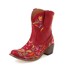 Pointed Toe Embroidered Flowers Chunky Heels Cowboy Style Western Boots - Red Faux Leather