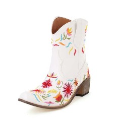 Pointed Toe Embroidered Flowers Chunky Heels Cowboy Style Western Boots - White Faux Leather