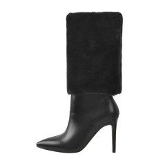 Pointed Toe Stiletto Heels Short Flock Trousers Tube Warm Knee Highs Winter Booties - Black Faux Leather