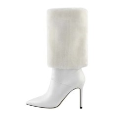 Pointed Toe Stiletto Heels Short Flock Trousers Tube Warm Knee Highs Winter Booties - White Faux Leather