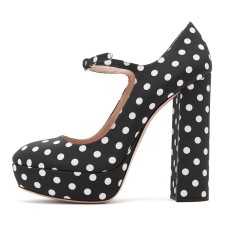 Round Toe Chunky Heels Dots Decorated Platforms Mary Janes Pumps - Black