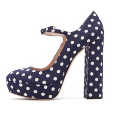 Round Toe Chunky Heels Dots Decorated Platforms Mary Janes Pumps - Blue