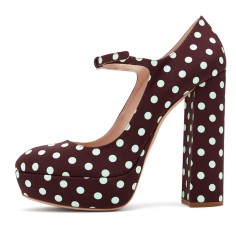 Round Toe Chunky Heels Dots Decorated Platforms Mary Janes Pumps - Brown