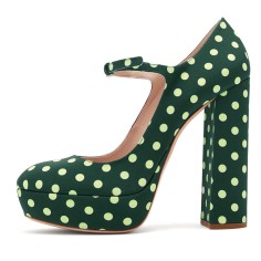Round Toe Chunky Heels Dots Decorated Platforms Mary Janes Pumps - Green