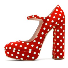 Round Toe Chunky Heels Dots Decorated Platforms Mary Janes Pumps - Red