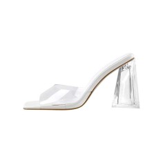 Chunky Heels Square Peep Toe Transparent Sandals  - White