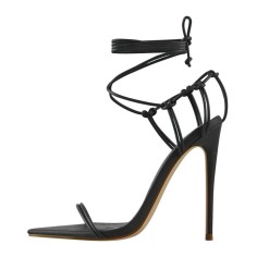 Pointed Open Toe Cross-tied Gladiator Lace Up Stiletto Heels Sandals - Black Faux Leather