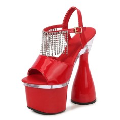Peep Toe Platforms Chunky Bowling Heels Rhinestones Ankle Buckle Straps Pumps - Red