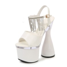 Peep Toe Platforms Chunky Bowling Heels Rhinestones Ankle Buckle Straps Pumps - White