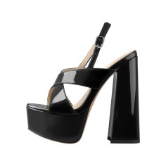 Chunky Heel Peep Toe Cross-tied Decorated Ankle Strap Patent Sandals - Black