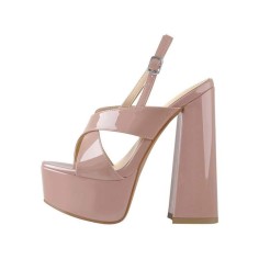 Chunky Heel Peep Toe Cross-tied Decorated Ankle Strap Patent Sandals - Rose Brown