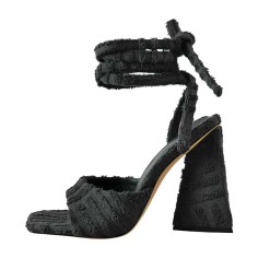 Square Open Toe Ankle Towelling Gladiator Straps Chunky Heels Sandals - Black Flock