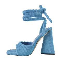 Square Open Toe Ankle Towelling Gladiator Straps Chunky Heels Sandals - Blue Flock