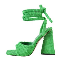 Square Open Toe Ankle Towelling Gladiator Straps Chunky Heels Sandals - Green Flock