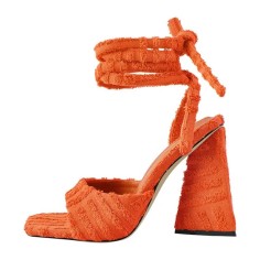 Square Open Toe Ankle Towelling Gladiator Straps Chunky Heels Sandals - Orange Flock