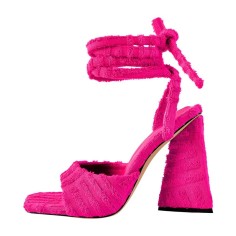 Square Open Toe Ankle Towelling Gladiator Straps Chunky Heels Sandals - Rose Flock