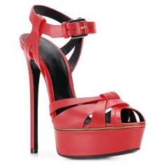 Italian Heels Ankle Straps Peep Toe Platform Patent Stiletto Sandals - Red Faux Leather