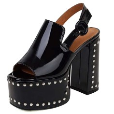 Peep Toe Chunky Heels Rivet Decorated Platforms Slingback Sandals - Black