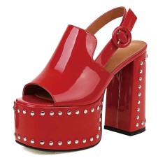 Peep Toe Chunky Heels Rivet Decorated Platforms Slingback Sandals - Red
