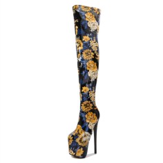 Round Toe Platforms Over The Knee Flower Print Stiletto Heels Zipper Booties - Blue