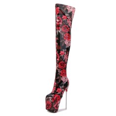 Round Toe Platforms Over The Knee Flower Print Stiletto Heels Zipper Booties - Red