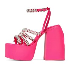 Open Square Toe Chunky Heels Platforms Ankle Buckle Straps Bling Rhinestones Sandals - Rose Red
