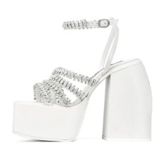 Open Square Toe Chunky Heels Platforms Ankle Buckle Straps Bling Rhinestones Sandals - White