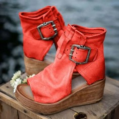 Peep Toe Ankle Buckle Straps Rustic Style Wedges Corc  Sandals - Red Synthetic