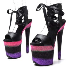 Peep Toe Stiletto Heels Glitters Platform Multicolor Satin Lacing Sandals - Black Pink Faux Leather