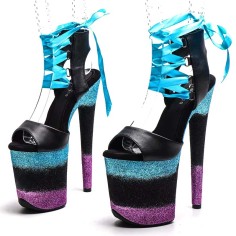 Peep Toe Stiletto Heels Glitters Platform Multicolor Satin Lacing Sandals - Black SkyBlue Faux Leather